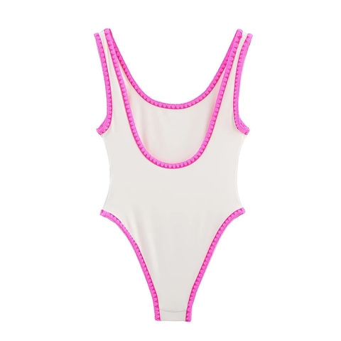 Badpak Voor Dames Wit Contrast Roze Golvende Rand Diepe U-Hals Mouwloos Strandmode Slank Afkledend