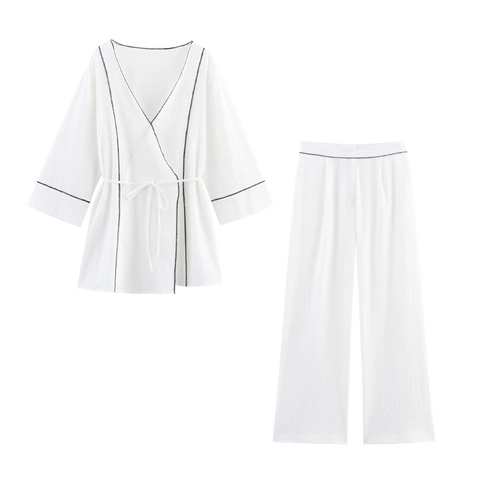 Conjunto de Descanso Casual para Mujer Top de Lazo Kimono y Pantalones de Pierna Ancha Blanco Negro con Ribete en Contraste