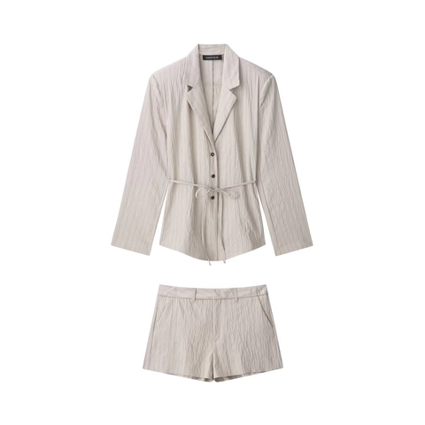 Conjunto de Dos Piezas de Mujer con Rayas Texturizadas Blazer de Manga Larga con Cintura Anudada y Shorts a Juego