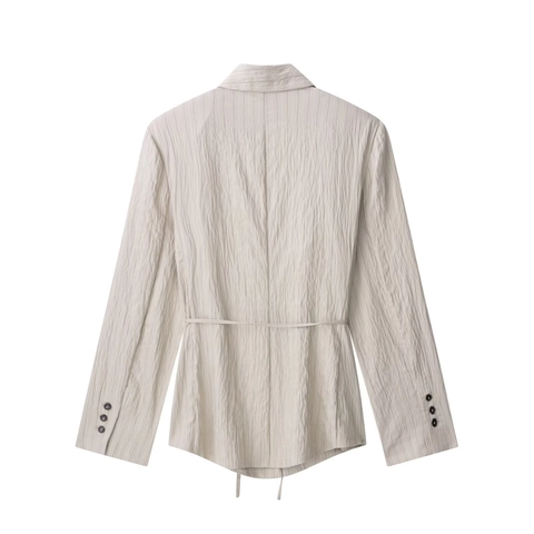 Conjunto de Dos Piezas de Mujer con Rayas Texturizadas Blazer de Manga Larga con Cintura Anudada y Shorts a Juego