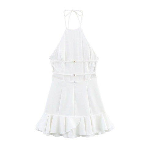 Vestito da Donna Elegante Bianco Scollo all'Americana Schiena Scoperta con Balze a Strati Linea ad A Senza Maniche Mini Abito per Estate Festa