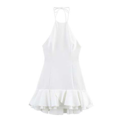 Vestito da Donna Elegante Bianco Scollo all'Americana Schiena Scoperta con Balze a Strati Linea ad A Senza Maniche Mini Abito per Estate Festa