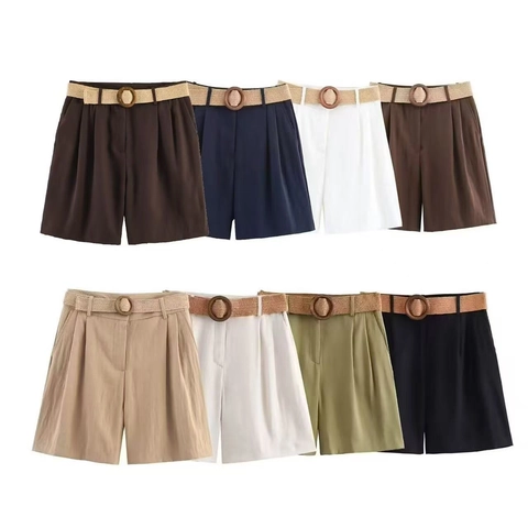 Pantaloncini Bermuda da Donna a Vita Alta Con Cintura Intrecciata Tinta Unita Pieghettati Gamba Larga Dritta Casual Estivi