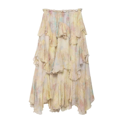 Damen Bohemian Blumen Gestufte Volant Midi Rock Elastische Hohe Taille A-Linie Chiffon Lagenrock Für Lässig Urlaub