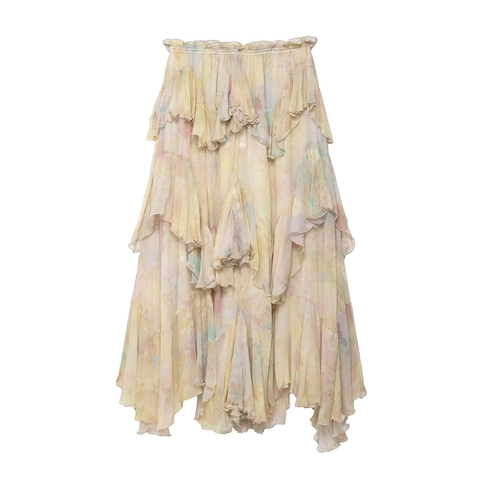 Damen Bohemian Blumen Gestufte Volant Midi Rock Elastische Hohe Taille A-Linie Chiffon Lagenrock Für Lässig Urlaub