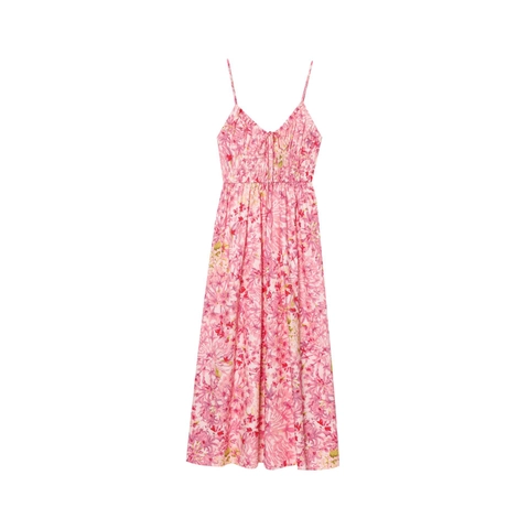 Robe Longue d'Été pour Femmes Col en V Imprimé Floral Rose Smocking Taille Haute Ligne A Vacances Plage