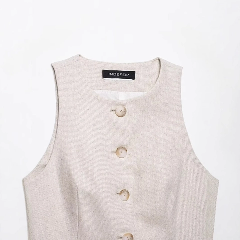 Chaleco Casual Minimalista para Mujer Cuello Redondo Sin Mangas Botonadura Sencilla Color Sólido Texturizado Top Verano Vacaciones