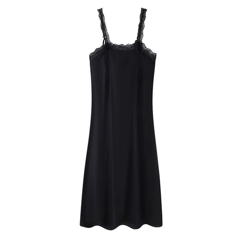 Damen Schwarz Spitze Besatz Satin Cami Midi Kleid V-Ausschnitt Ärmellos Hohe Taille Elegant Abend Party Streetwear Trägerkleid