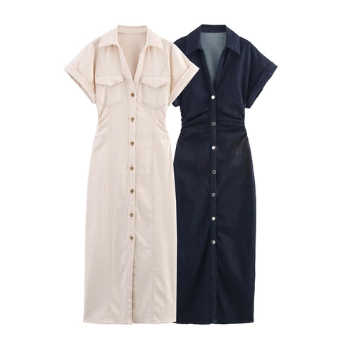 Women Western Style Slim Fit Denim Look Dress Single Breasted Short Sleeve V-Neck Lapel Polyester Midi Dress Casual Office Wear