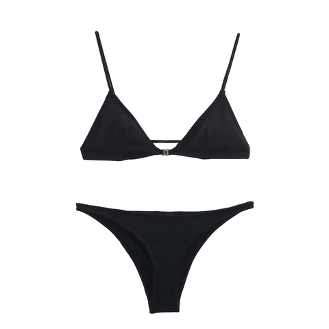 Ensemble Bikini Triangle Noir Minimaliste pour Femmes Maillot de Bain Deux Pièces Échancré Sexy Avec Boucle Dorée Tenue de Plage