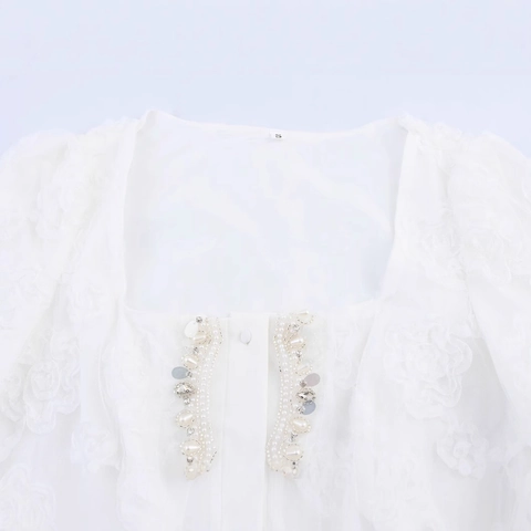 Abito Midi da Donna Elegante in Pizzo Bianco Ricamato con Perline Scollo Quadrato Manica Corta Monopetto Linea A per Matrimonio Festa