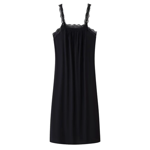 Damen Schwarz Spitze Besatz Satin Cami Midi Kleid V-Ausschnitt Ärmellos Hohe Taille Elegant Abend Party Streetwear Trägerkleid