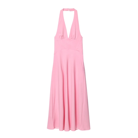 Elegante Vestito Midi da Donna Rosa con Scollo all'Americana a V Profondo Senza Maniche Schiena Scoperta Vita Alta Estivo