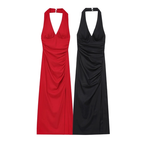 Abito Maxi da Donna Sexy con Scollo all'Americana Scollo a V Profondo Increspato Spacco Laterale Senza Maniche Estivo