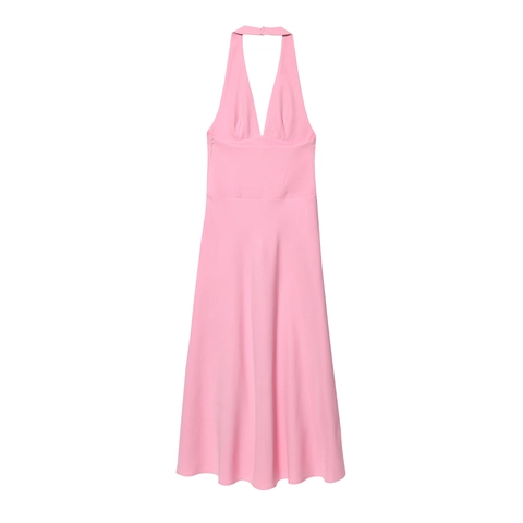 Elegante Vestito Midi da Donna Rosa con Scollo all'Americana a V Profondo Senza Maniche Schiena Scoperta Vita Alta Estivo