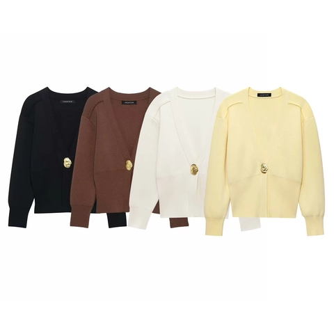 Cárdigan de Punto con Cuello en V para Mujer Manga Larga Botón Dorado Irregular Color Sólido Top Elegante