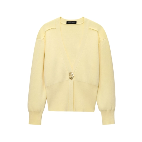 Cárdigan de Punto con Cuello en V para Mujer Manga Larga Botón Dorado Irregular Color Sólido Top Elegante