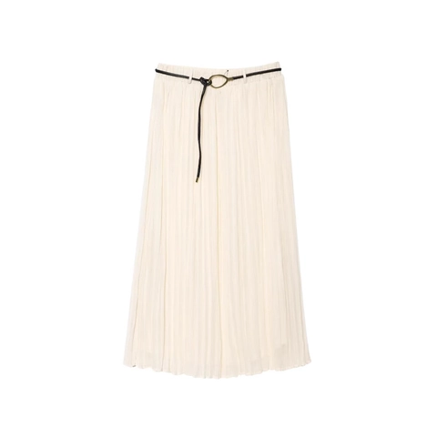 Falda Midi Plisada Elegante para Mujer Con Cinturón Cintura Alta Beige Color Sólido Falda Línea A para Oficina Mujer