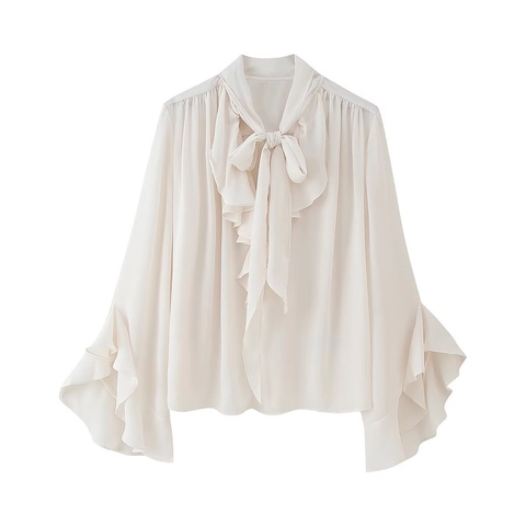 Women Elegant Long Sleeve Blouse With Ruffle Neckline And Bow Tie Satin Texture Solid Color Spring Commute Top