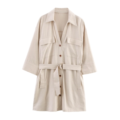 Abito a Camicia da Donna in Misto Cotone e Lino Con Cintura Risvolto Scollo a V Bottoni Tasca Mezza Manica Lunghezza Midi