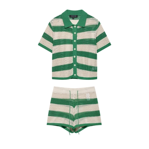 Set Completo Donna Vintage a Righe Uncinetto Traforato Top E Pantaloncini Verde Beige Manica Corta Colletto Polo Estate
