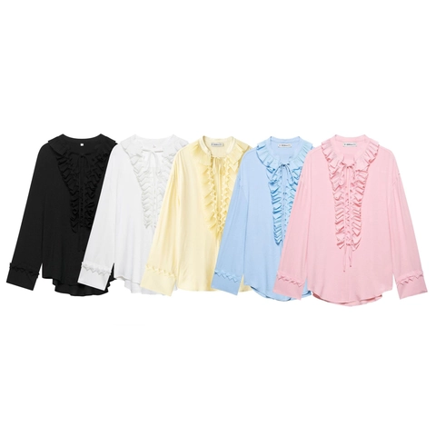 Dames Elegante Ruffle V-Hals Lange Mouw Blouse Casual Effen Kleur Strikband Los Overhemd Retro Kantoor Dames Stijl Top