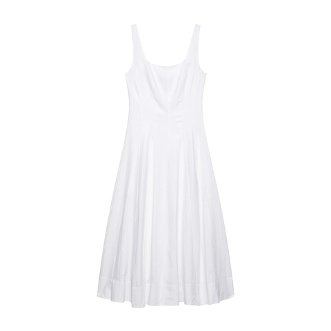 Vestido Midi de Tirantes Elegante para Mujer Cuello Cuadrado Cintura Ceñida Dobladillo de Globo Color Sólido Poliéster Vestido Casual de Vacaciones
