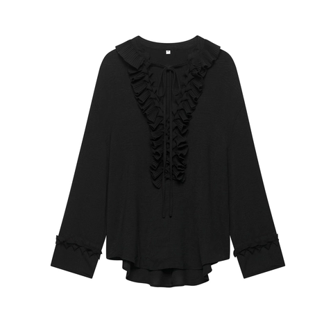 Dames Elegante Ruffle V-Hals Lange Mouw Blouse Casual Effen Kleur Strikband Los Overhemd Retro Kantoor Dames Stijl Top