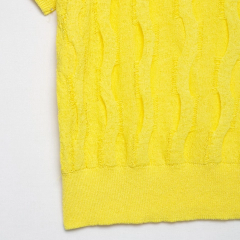 Pull en Tricot Décontracté à Manches Courtes pour Femmes Col Rond Jaune Couleur Unie Torsades Pullover Mode Haut Doux