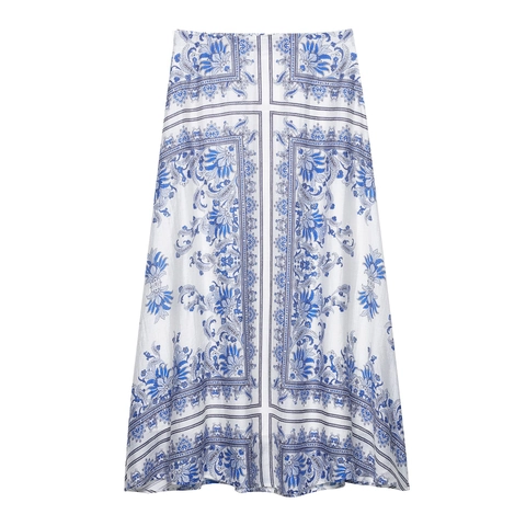 Elegante Vintage Blauw-Witte Bloemenprint Maxirok Dames Hoge Taille A-Lijn Boho Vloeiende Lange Rok Voor Vakantie