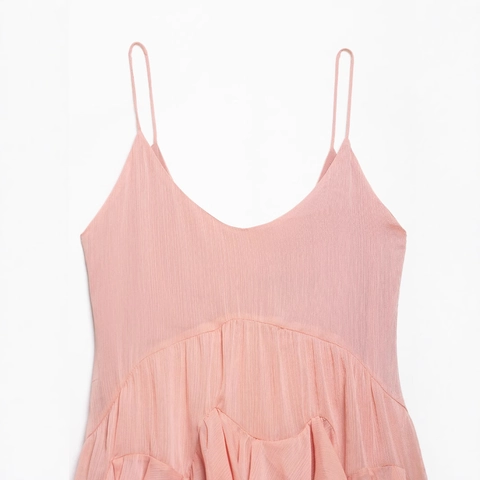 Franse Stijl Sexy Diepe V-Hals Rugvrije Gelaagde Ruffle Jurk Spaghettibandjes Zomervakantie Roze Polyester Midi Jurk