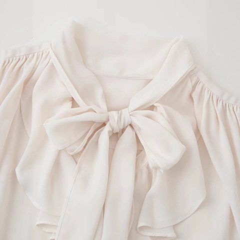 Women Elegant Long Sleeve Blouse With Ruffle Neckline And Bow Tie Satin Texture Solid Color Spring Commute Top