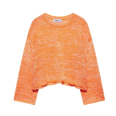 Dames Casual Opengewerkte Gebreide Trui Oranje Wit Space Dye Ronde Hals Lange Mouwen Losse Cropped Gebreide Top