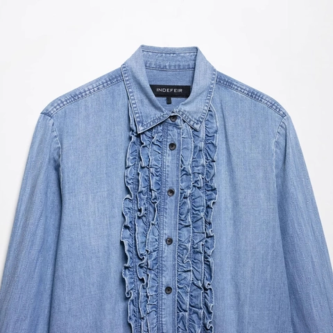 Damen Casual Denim Hemd Langarm Rüschenbesatz Button Down Bluse Einfarbig Blau Reverskragen Mode Tops