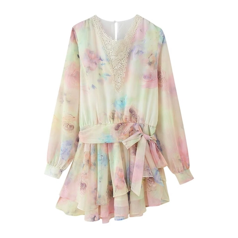 Damen Sommer Batik Blumen Kleid Mit Spitzenbesatz Unregelmäßiger Saum Langarm V-Ausschnitt Rüschen Chiffon Minikleid