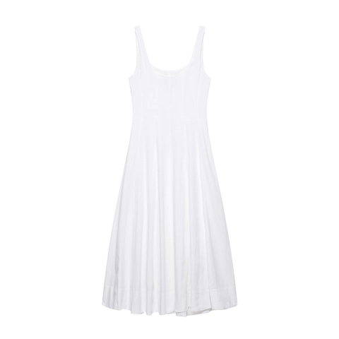 Vestido Midi de Tirantes Elegante para Mujer Cuello Cuadrado Cintura Ceñida Dobladillo de Globo Color Sólido Poliéster Vestido Casual de Vacaciones