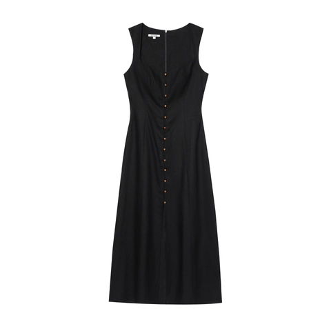 Women's Retro Linen Cotton Sleeveless Midi Dress Square Neck Button Up A-Line Solid Color Summer Casual Office Wear Dress