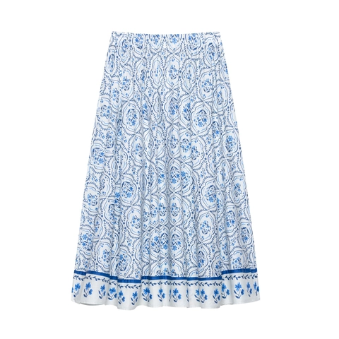 Eleganter Midirock Mit Hohem Bund Und Blauem Blumendruck Bohemischer Stil A-Linie Fließender Langer Rock Für Damen Mode Urlaub