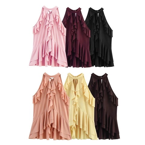 Damen Neckholder Volant Ärmellos Top Sexy Gestuftes Chiffon Bluse Rückenfrei Schleife Party Casual Einfarbig Top