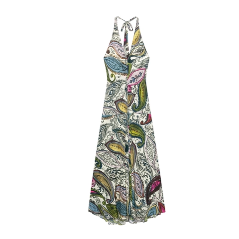 Women Bohemian Paisley Printed Halter Maxi Dress Sexy Deep V Neck Backless Sleeveless Polyester A-Line Summer Long Dress