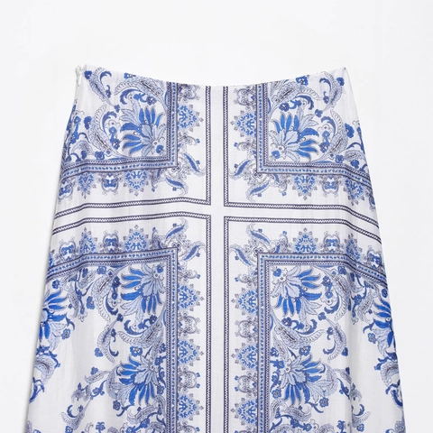 Elegante Vintage Blauw-Witte Bloemenprint Maxirok Dames Hoge Taille A-Lijn Boho Vloeiende Lange Rok Voor Vakantie