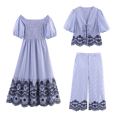 Dames Blauw Wit Gestreepte Bloemenborduurwerk Boho Zomer Smocked Jurk Strikband Pofmouwen Shirt Wijde Pijpen Broek Outfit
