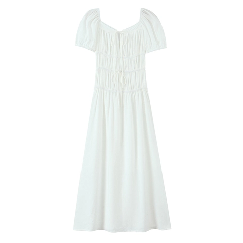 Französischer Stil Weißes Midikleid Smoktaille Puffärmel Herz-Ausschnitt Retro Urlaub A-Linie Kleid Für Damen Casual Sommer Mode