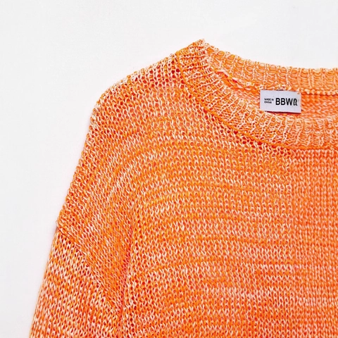 Dames Casual Opengewerkte Gebreide Trui Oranje Wit Space Dye Ronde Hals Lange Mouwen Losse Cropped Gebreide Top