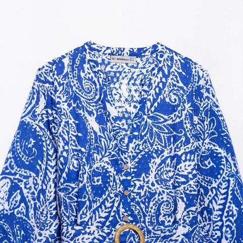 Abito Mini con Stampa Paisley Blu Scollo a V Con Cintura Ricamo Traforato Manica a Lanterna Casual Vacanza Linea A