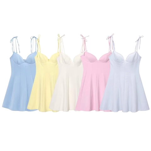 Women Summer Sweet Bow Tie Strap Mini Dress French Bustier Style A-Line Silhouette Macaron Solid Colors Sleeveless Fashion Dress