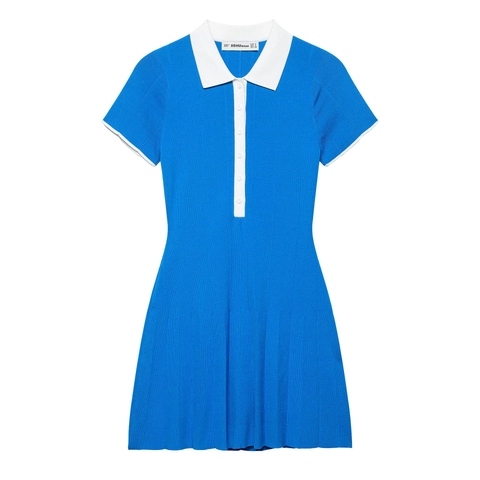 Damen Elegant Königsblau Strick Polo Kragen Minikleid Kurzarm Plissee Street Style Mode Strickkleid Mit Gürtel