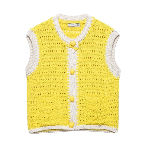 Women Color Block Hollow Out Crochet Knit Vest Top Sleeveless Round Neck Button Front Polyester Knitwear Waistcoat