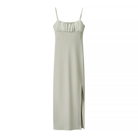 Women Elegant Satin Spaghetti Strap Dress Ruched Bust Sexy High Slit Open Back Midi Dress Solid Color Summer Chic Outfits