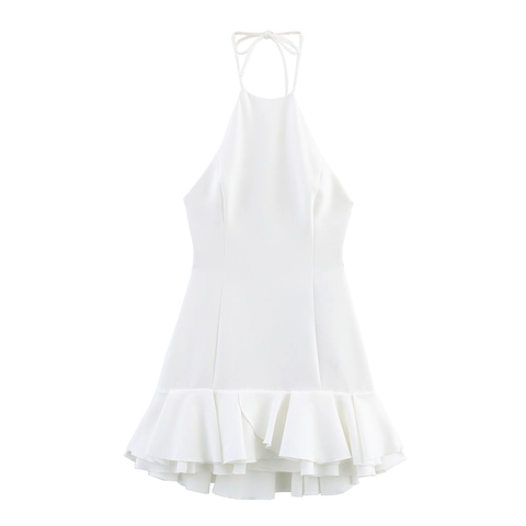 Abito Mini Bianco in Stile Francese Scollo all'Americana Volant a Strati Donna Sexy Schiena Scoperta Vita Alta Abito a Trapezio